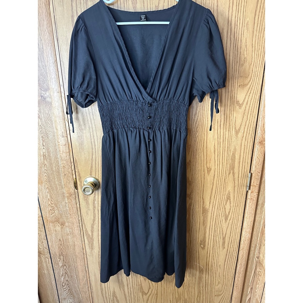Shein Curve Black Smocked Waist V-Neck Midi Dress Short Puff Sleeve Plus 0XL